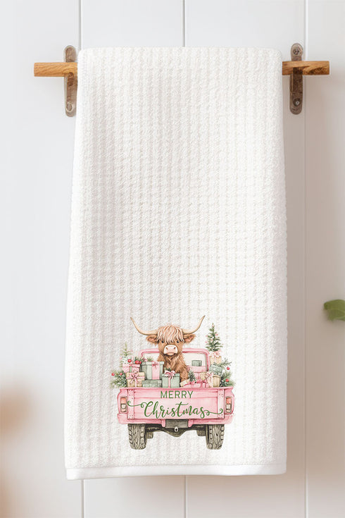 Pink Highland Cow Christmas Waffle Kitchen Towel