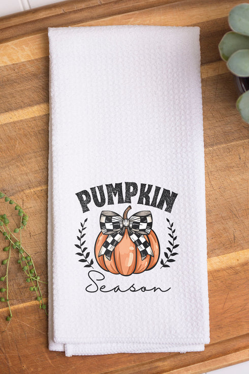 Pumpkin Season Checkered Bow Waffle Kitchen Towel