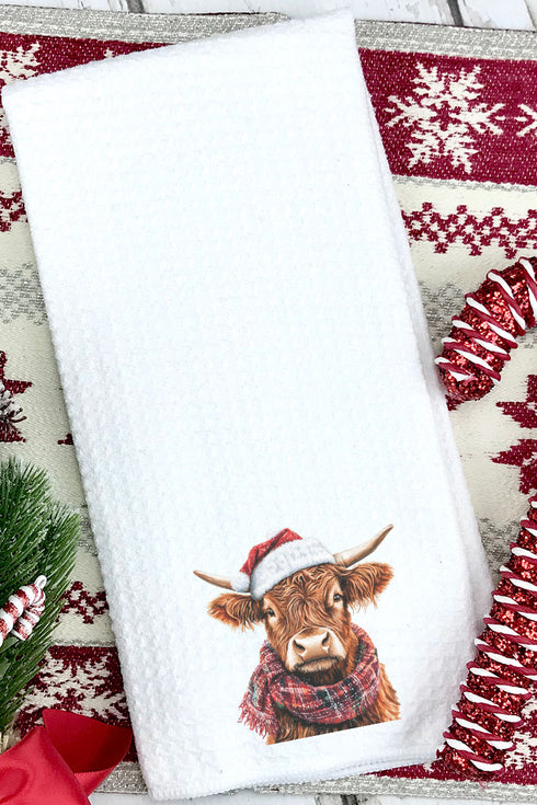 Santa Highland Cow Waffle Kitchen Towel