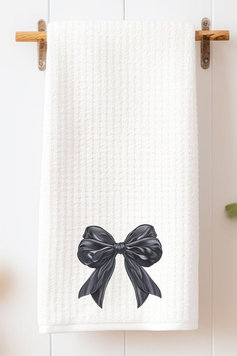 Satin Black Bow Waffle Kitchen Towel