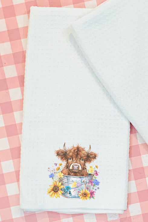 Springtime Highland Cow Waffle Kitchen Towel
