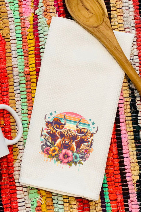 Western Highland Cow Trio Waffle Kitchen Towel