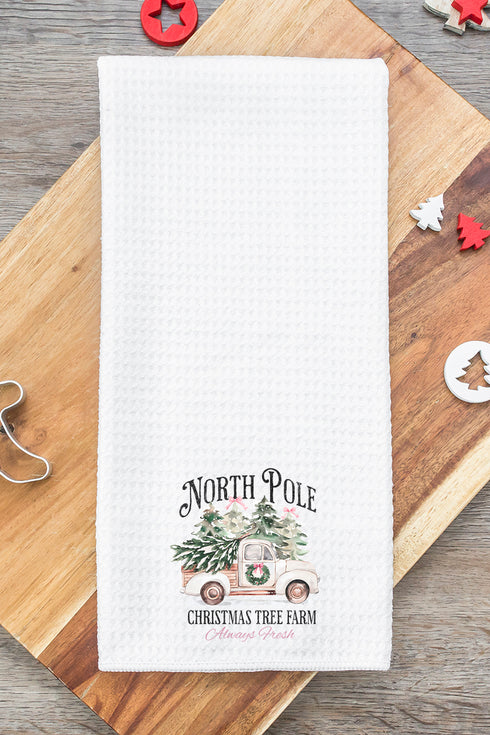 Truck North Pole Tree Farm Waffle Kitchen Towel