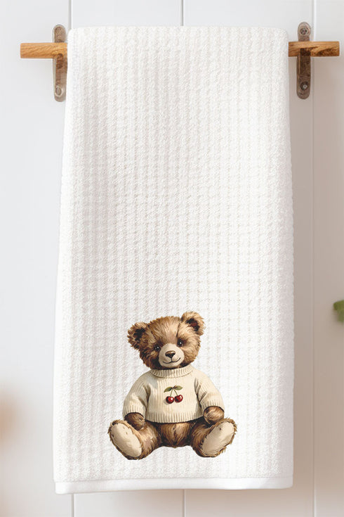 Vintage Cherry Teddy Bear Waffle Kitchen Towel