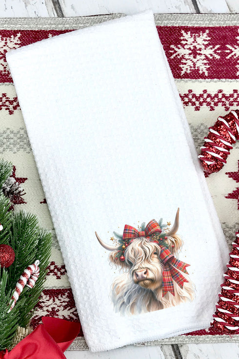 Holiday Highland Cow Waffle Kitchen Towel