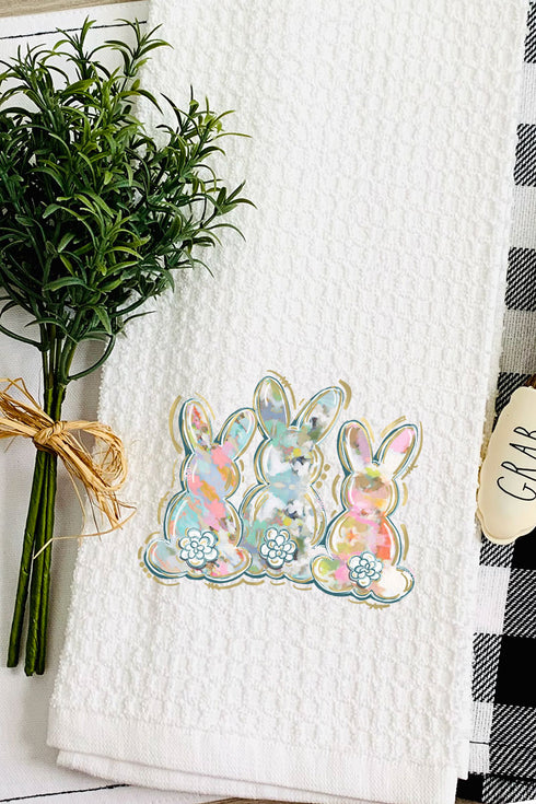 Watercolor Bunny Trio Waffle Kitchen Towel