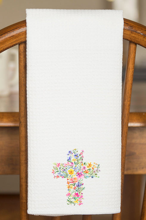 Watercolor Floral Cross Waffle Kitchen Towel