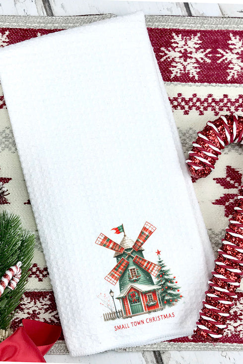Windmill Small Town Christmas Waffle Kitchen Towel