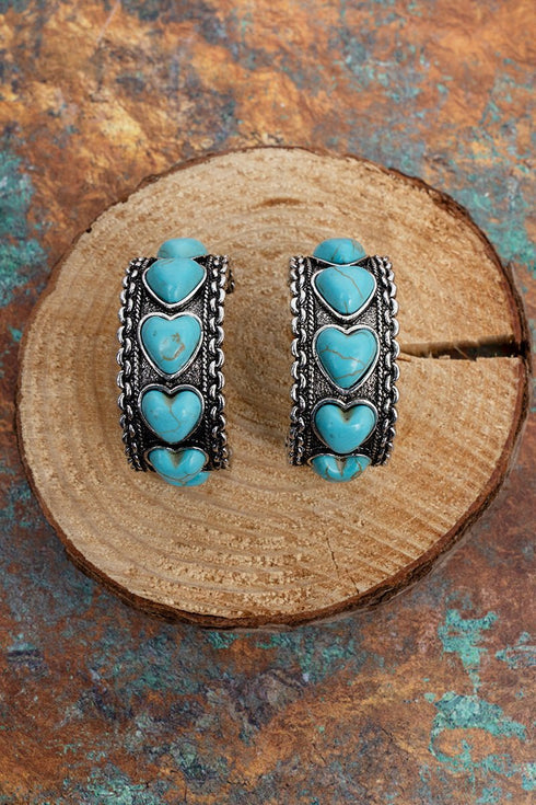 Turquoise Hearts on the Range Silvertone Hoop Earrings