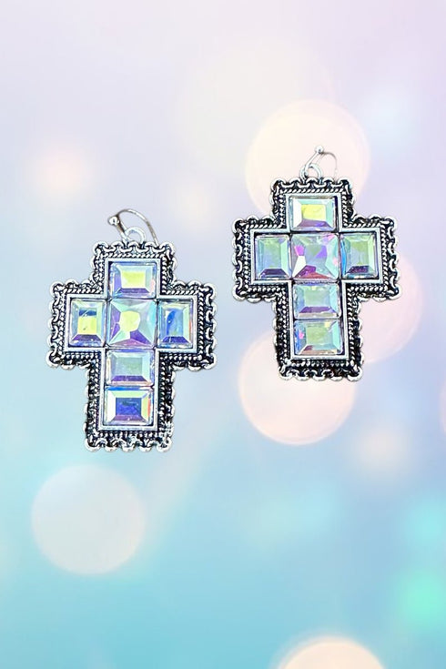 Iridescent Havenrock Cross Silvertone Earrings