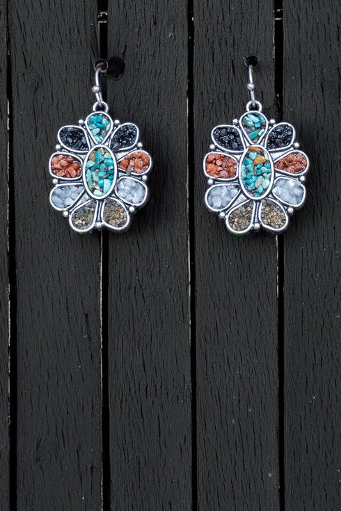 Multi-Color Mosaic Ridge Sun Silvertone Earrings
