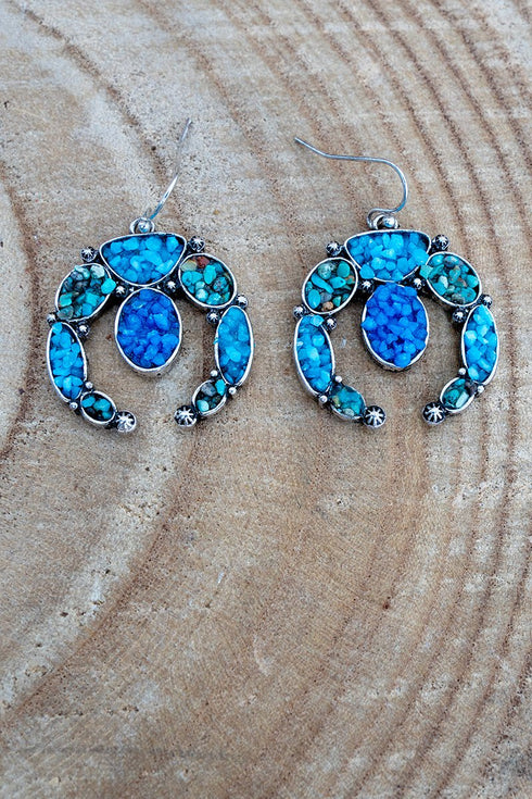 Turquoise Mosaic Ridge Arch Silvertone Earrings