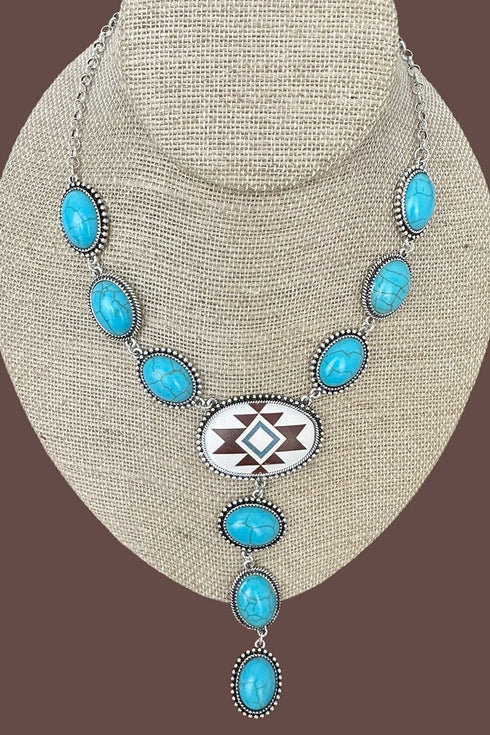 Turquoise & Brown Sunwoven Mesa Silvertone Y Necklace