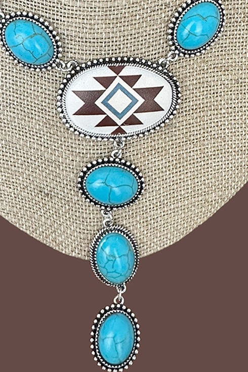 Turquoise & Brown Sunwoven Mesa Silvertone Y Necklace