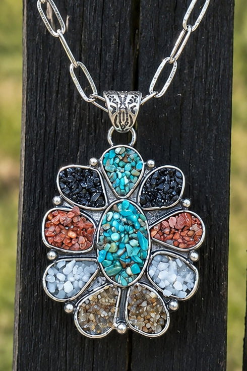Multi-Color Mosaic Ridge Sun Silvertone Necklace