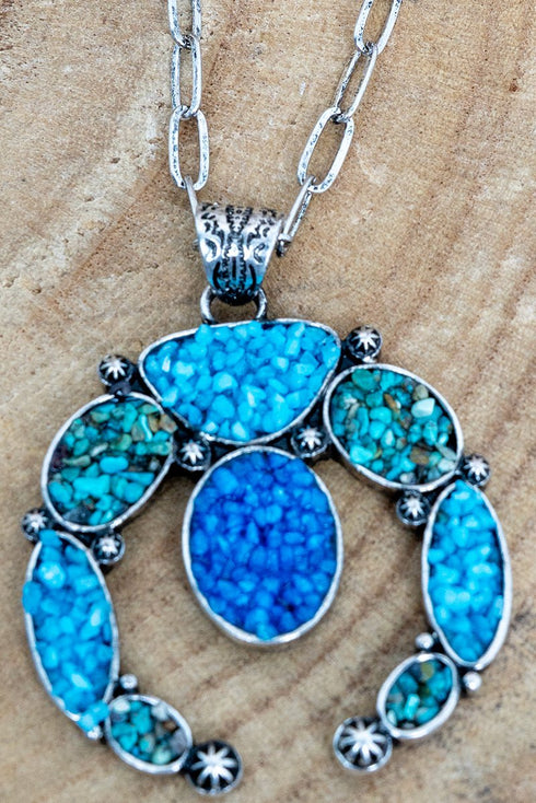 Turquoise Mosaic Ridge Arch Silvertone Necklace