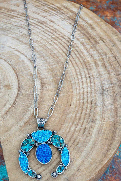 Turquoise Mosaic Ridge Arch Silvertone Necklace