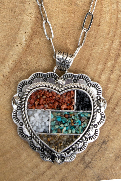 Multi-Color Mosaic Ridge Heart Silvertone Necklace