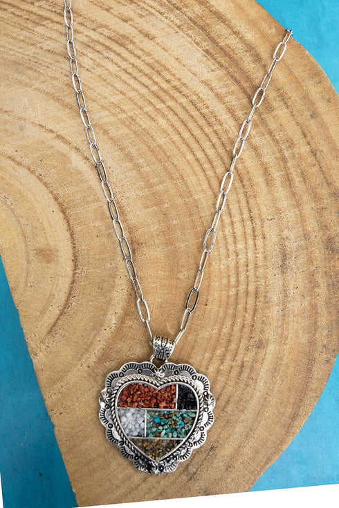 Multi-Color Mosaic Ridge Heart Silvertone Necklace