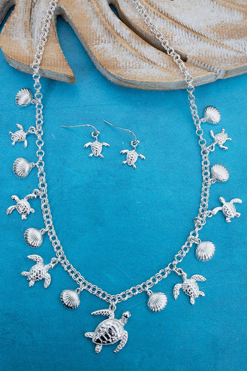 Waikiki Turtles & Shells Silvertone Charm Necklace and Earring Set