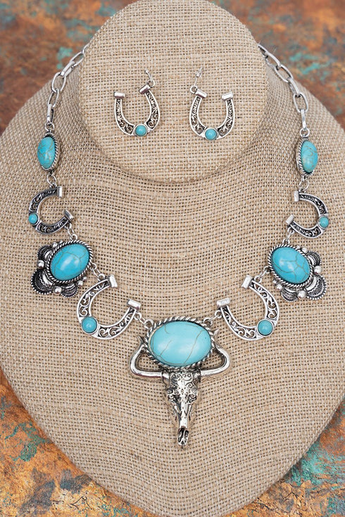 Sheridan Steer Turquoise & Silvertone Necklace and Earring Set
