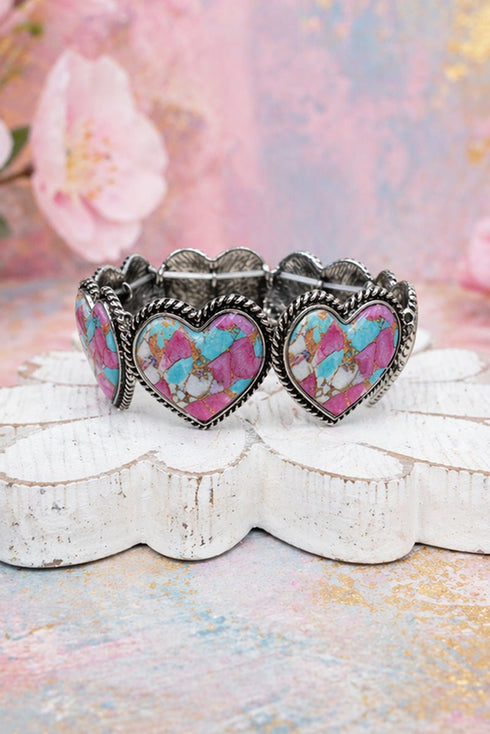 Pink Frontier Frost Hearts Silvertone Stretch Bracelet