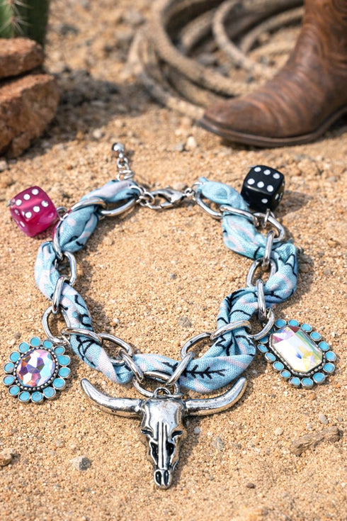 High Roller Steer Blue Fabric Chain Charm Bracelet