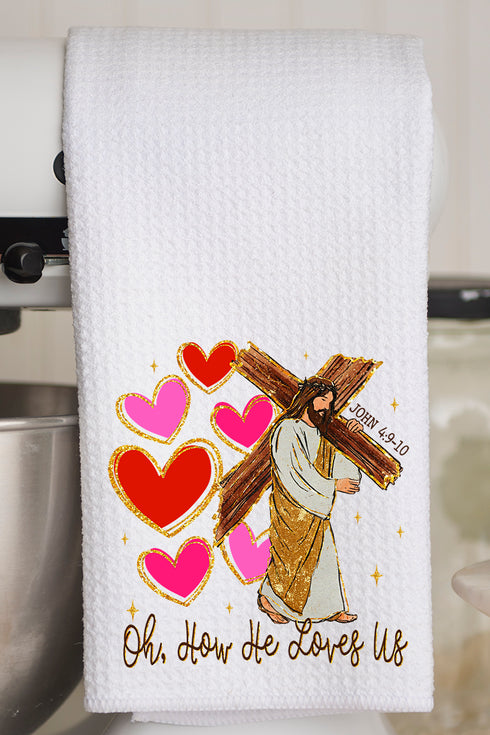 He Loves Us Hearts Waffle Kitchen Towel