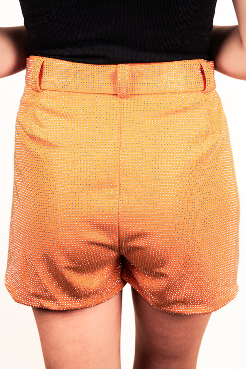 Saturday Shimmer Orange Crystal Belted Shorts