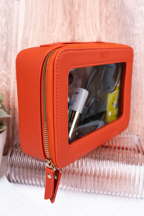 Clear The Way Orange Faux Leather Toiletry Case