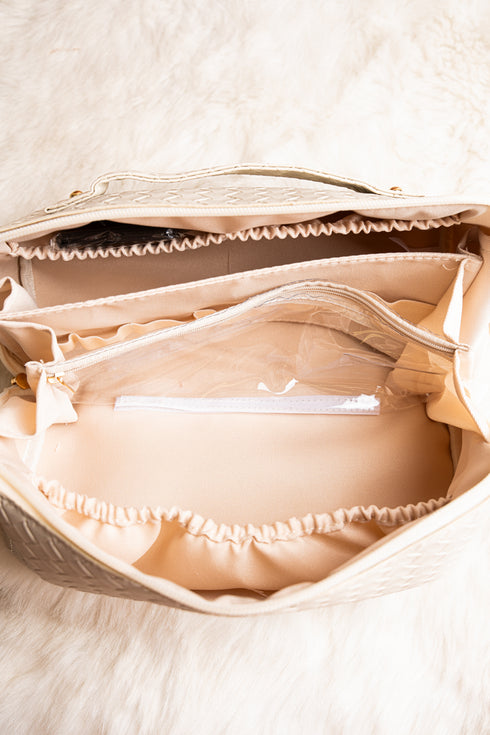 Morning Ready Woven Cream Large Expandable Cosmetic Bag