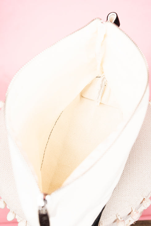 Canvas Cosmetic Bag with Navy Faux Leather Trim