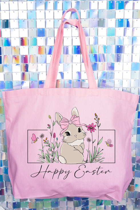 Bunny Girl Happy Easter Canvas Jumbo Tote