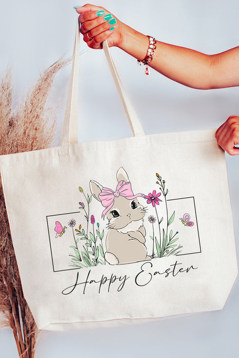 Bunny Girl Happy Easter Canvas Jumbo Tote