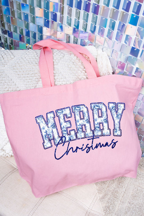 Chinoiserie Blue Merry Christmas Canvas Jumbo Tote
