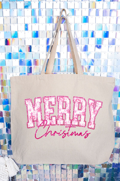 Chinoiserie Pink Merry Christmas Canvas Jumbo Tote