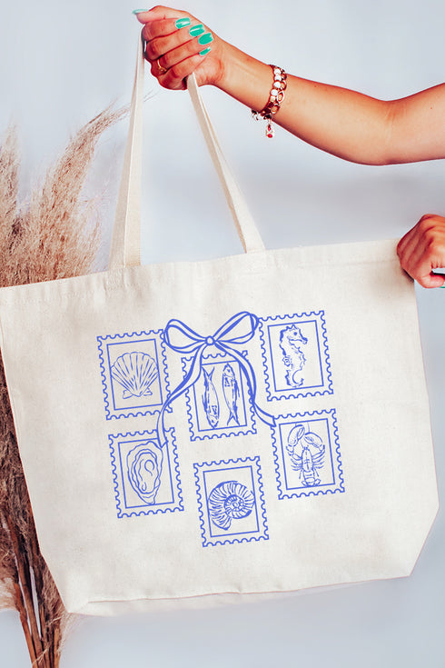 Coquette Coastal Stamps Canvas Jumbo Tote