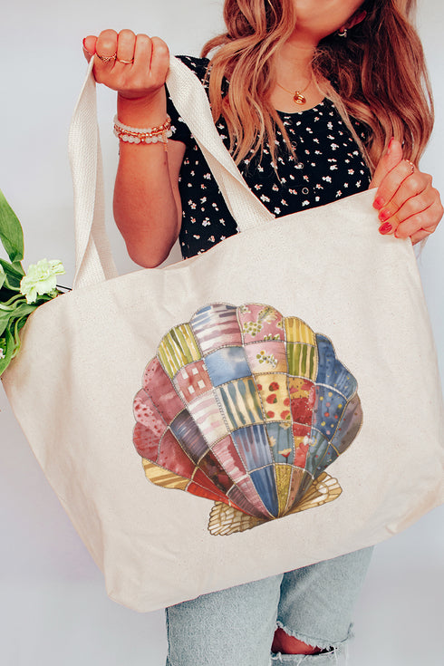 Faux Patchwork Seashell Canvas Jumbo Tote