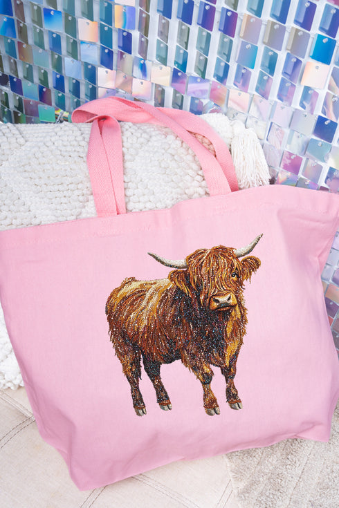 Highland Cow Faux Rhinestone Canvas Jumbo Tote