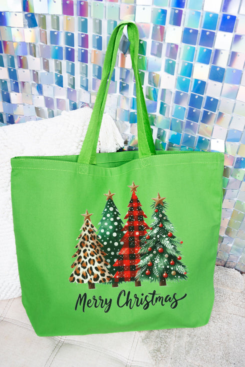 Mixed Print Trees Merry Christmas Canvas Jumbo Tote