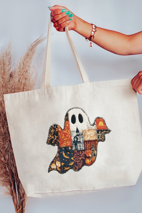 Faux Patchwork Ghost Canvas Jumbo Tote