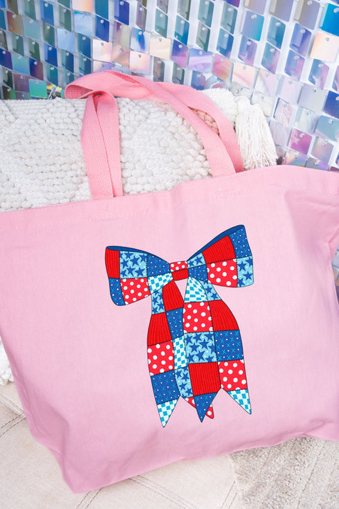 Patchwork Patriotic Bow Canvas Jumbo Tote