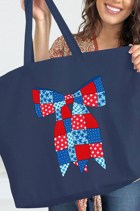 Patchwork Patriotic Bow Canvas Jumbo Tote
