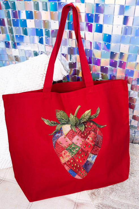 Faux Patchwork Strawberry Canvas Jumbo Tote