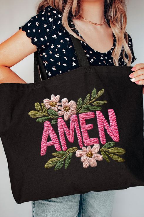 Pink Amen Faux Embroidery Canvas Jumbo Tote
