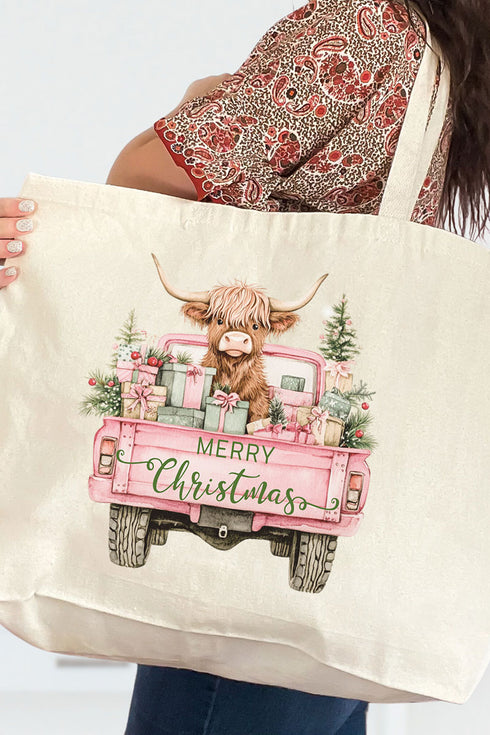 Pink Highland Cow Christmas Canvas Jumbo Tote