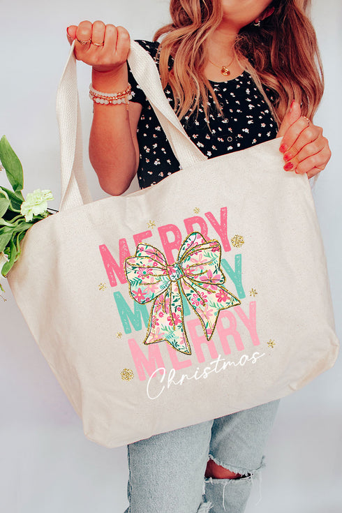 Preppy Blossom Merry Christmas Canvas Jumbo Tote