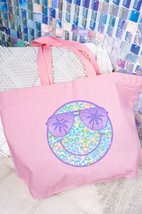 Tropical Cheetah Happy Face Canvas Jumbo Tote