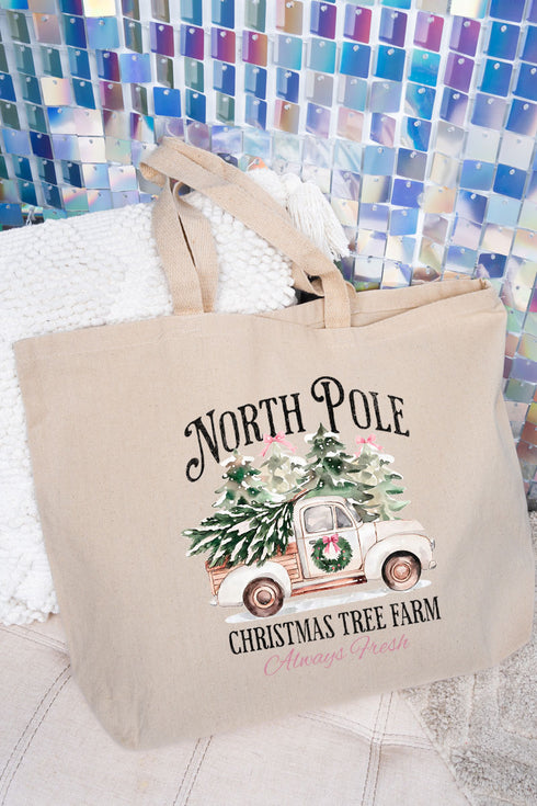 Truck North Pole Tree Farm Canvas Jumbo Tote