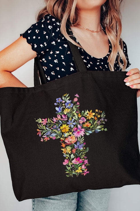 Watercolor Floral Cross Canvas Jumbo Tote
